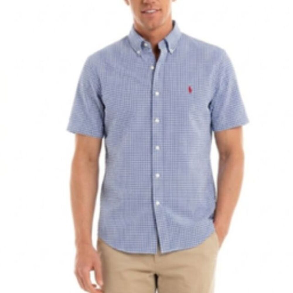 Ralph Lauren Men's Blue White Gingham Seersucker SS Button-Down Shirt Size L